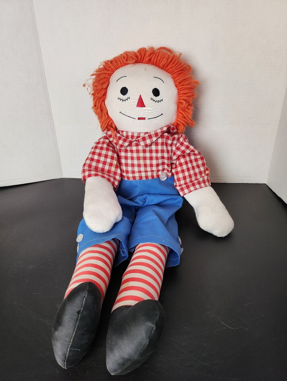 Vintage Raggedy Andy Large Cloth Doll Gingham Shirt Blue Shorts